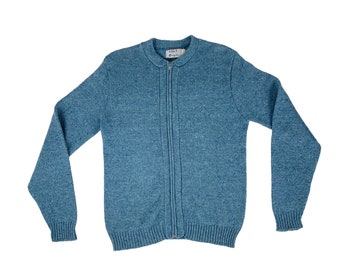 Vintage 1960s Zip Up Sweater Blue Wool Blend Men's Cardigan Dagar