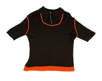 Vintage 1970s Zip Up Shirt Men's Brown Orange Acrylic Polo Sweater BraidBurn