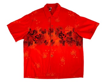 Vintage 50s Tiki Shirt Men's XXL Bright Red Orange Gold Metallic Floral Hawaiian Togs