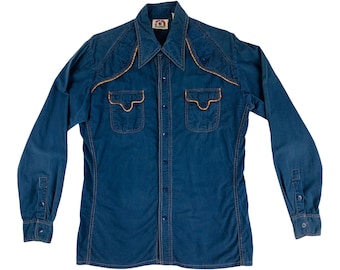 Vintage 1980s Blue Denim Western Button Down El Toro Bravo Bullshirt Mens Shirt | C 42"