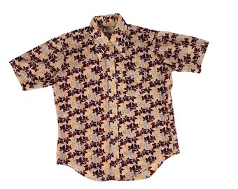 Vintage 70s Button Down Men's XL Maroon Pixelated Leaves Short Sleeve Shirt Montgomery Ward