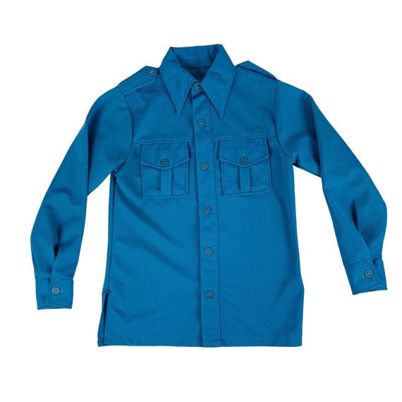Vintage 70s Blue Button Down Men's Medium Polyest… - image 1