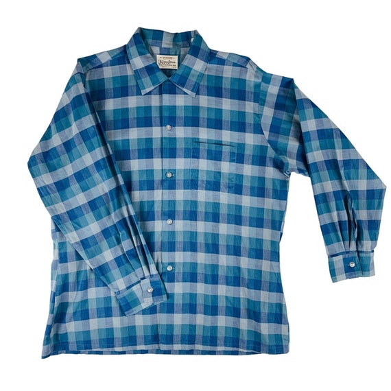 Vintage 1950s Blue Checkered Long Sleeve Men's Sh… - image 1