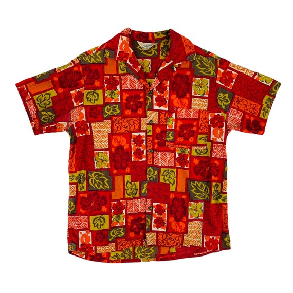 Vintage 1960s Hawaiian Red Leaf Print Mens Shirt … - image 1