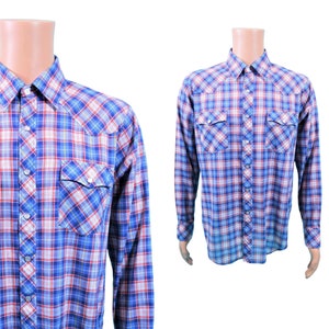 Vintage 80s Western Shirt Men's Extra Large Blue Red Plaid Snap Button Down image 2