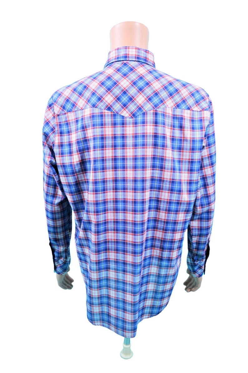 Vintage 80s Western Shirt Men's Extra Large Blue Red Plaid Snap Button Down image 9