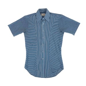Vintage 70s Striped Shirt Men&#39;s Medium Mod Blue Button Down Mach II Arrow Rockabilly