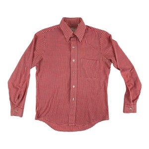 May include: A red and white gingham long-sleeve button-down shirt.