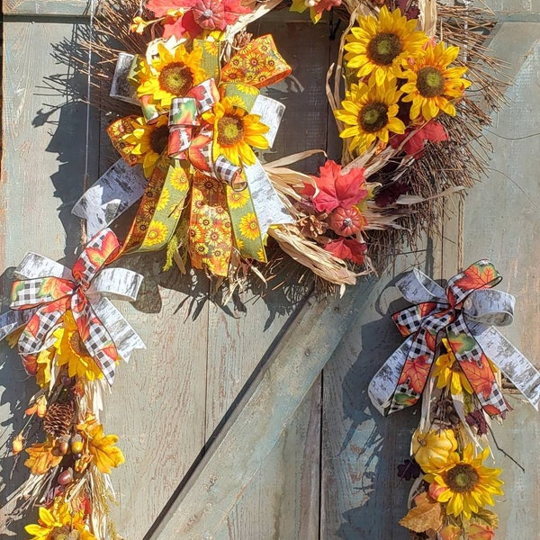 Corn Husk Wreath Swag Set, Fall Wreath and Swags for front door, Sunflower Wreath with two swags, Autumn Garland and Wreath, Natural