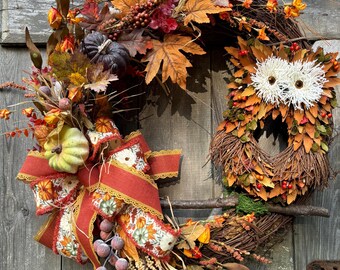 Autumn Owl Wreath – Thanksgiving Harvest, Woodland Home Decor