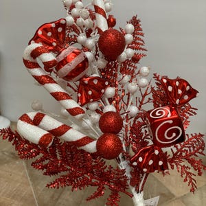 Red and White Peppermint ball Christmas Spray on a 28 inch stem