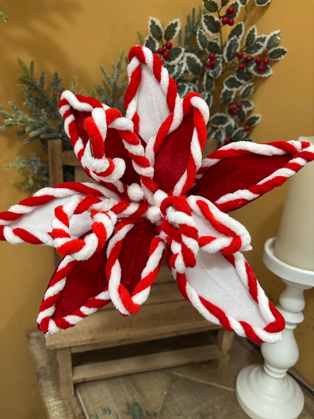 Red White Whimsical Christmas Pick - Peppermint Poinsettia Flower, 22 ...