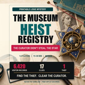Op de afbeelding: Een printbaar logisch mysteriespel getiteld The Museum Heist Registry. Het ontwerp bevat een stervormig hemelmodel, een witte handschoen en tekst met 6.420 bezoekersgegevens, 17 aanwijzingen, 1 dief en Find the thief. Clear the curator.