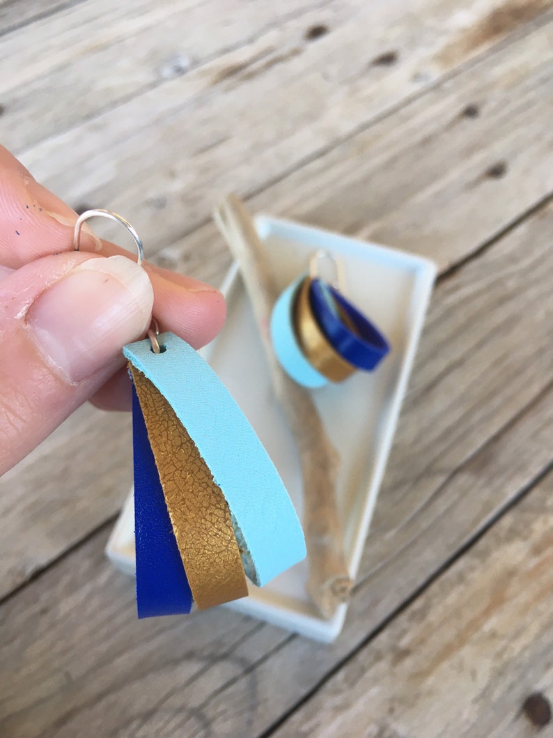 925 silver sky blue original gold and bright blue handmade Trio leather earrings bohemian recycled.