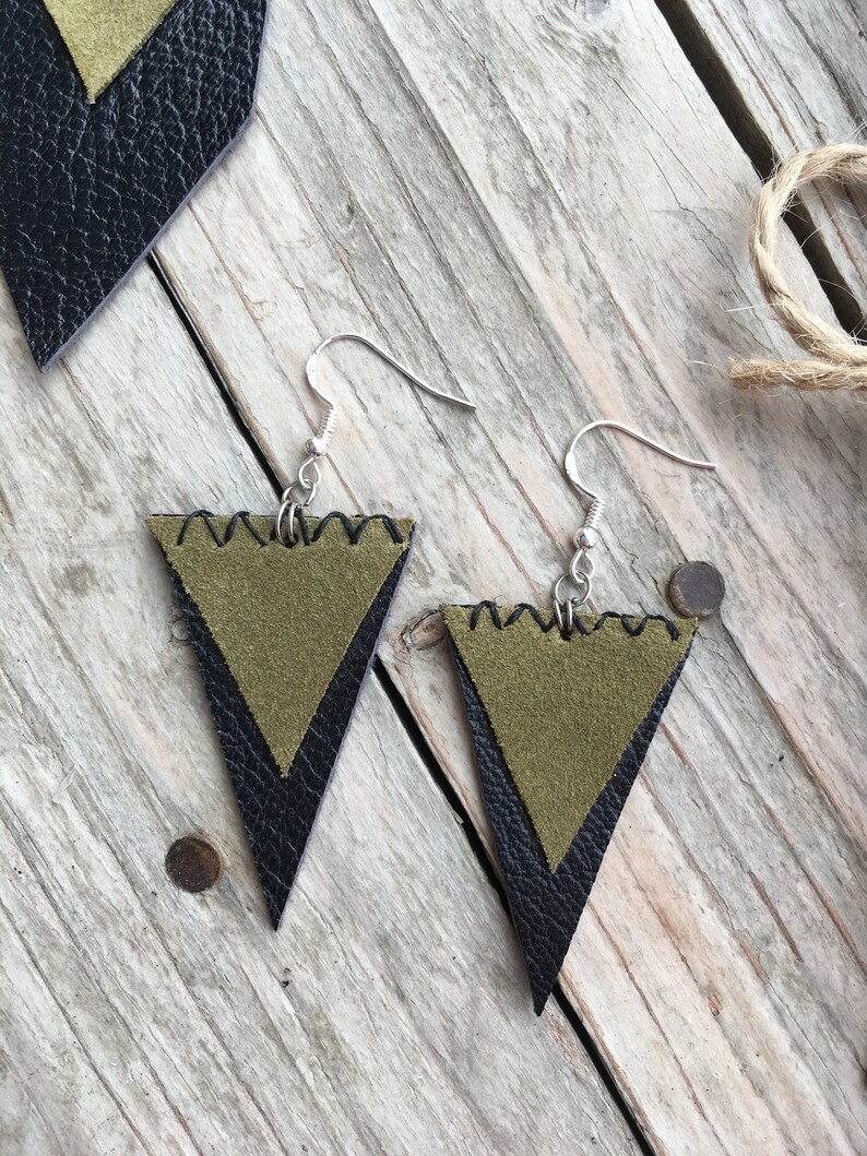 original. boho green 925 silver cross stitch black recycled bohemian khaki leather Earrings urban