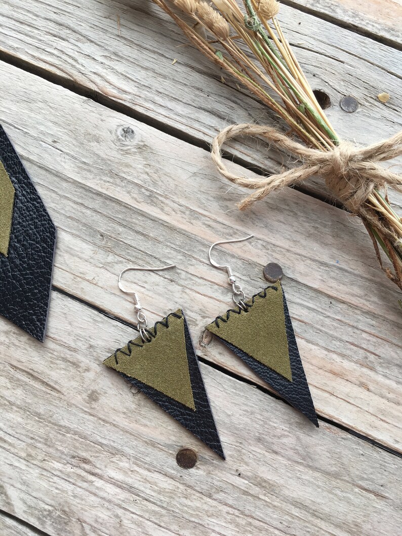 original. boho green 925 silver cross stitch black recycled bohemian khaki leather Earrings urban