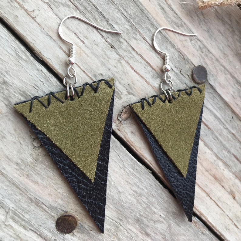 original. boho green 925 silver cross stitch black recycled bohemian khaki leather Earrings urban