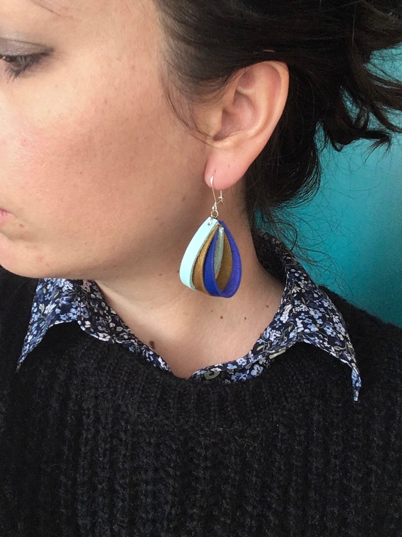 925 silver sky blue original gold and bright blue handmade Trio leather earrings bohemian recycled.