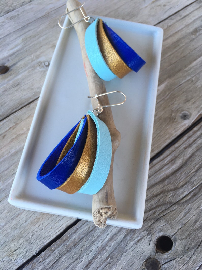 925 silver sky blue original gold and bright blue handmade Trio leather earrings bohemian recycled.