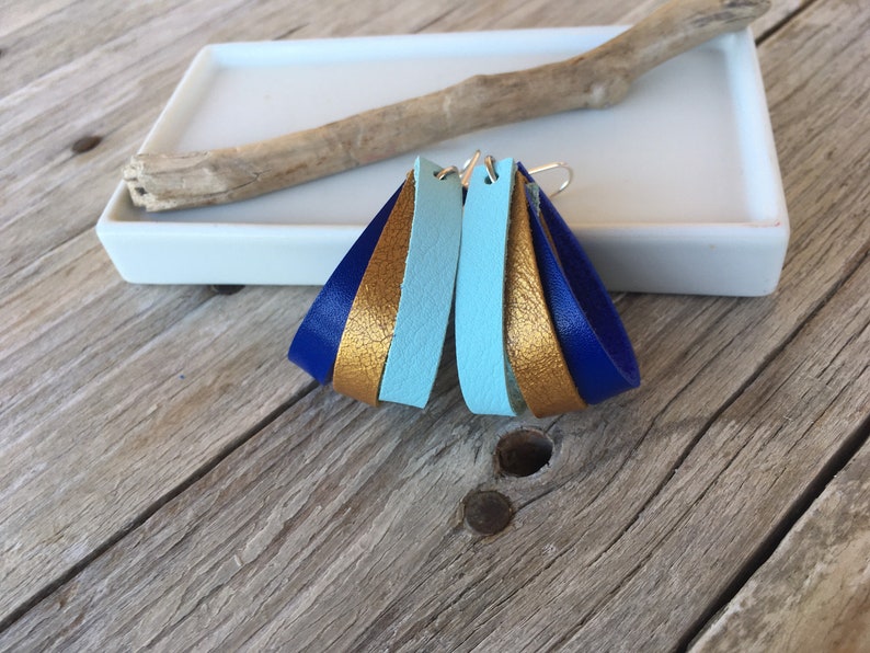 925 silver sky blue original gold and bright blue handmade Trio leather earrings bohemian recycled.