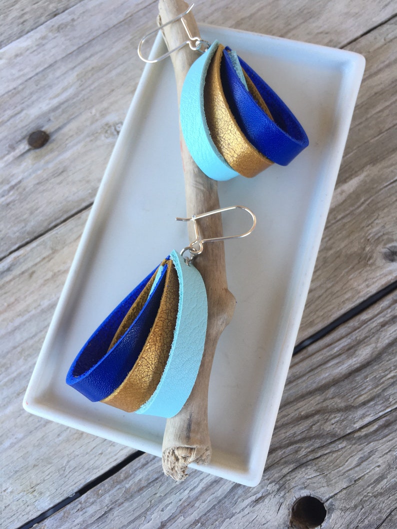 925 silver sky blue original gold and bright blue handmade Trio leather earrings bohemian recycled.