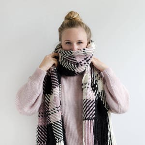 Misty rose, black and ecru checked handwoven scarf, boho style, soft shawl, winter boho wrap, alpaca wool, check, plaid weave image 1