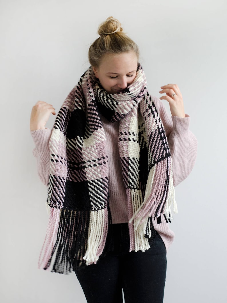 Misty rose, black and ecru checked handwoven scarf, boho style, soft shawl, winter boho wrap, alpaca wool, check, plaid weave image 2