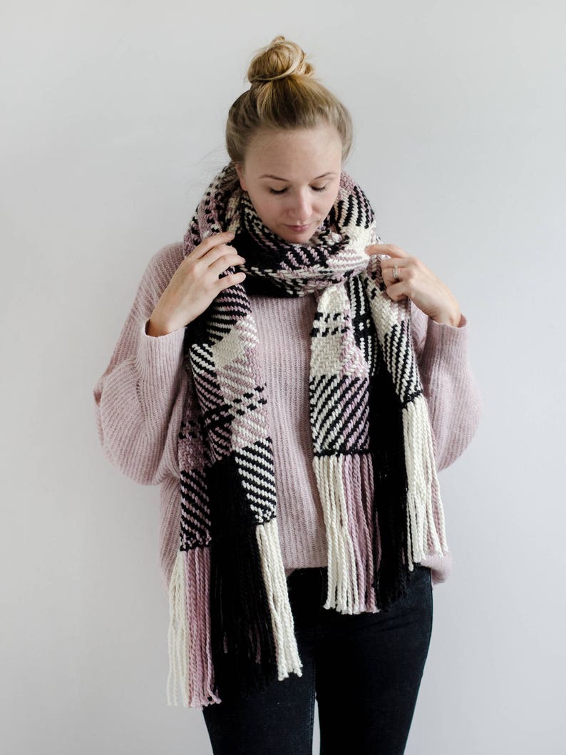 Misty rose, black and ecru checked handwoven scarf, boho style, soft shawl, winter boho wrap, alpaca wool, check, plaid weave image 3