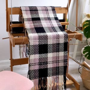 Misty rose, black and ecru checked handwoven scarf, boho style, soft shawl, winter boho wrap, alpaca wool, check, plaid weave image 5