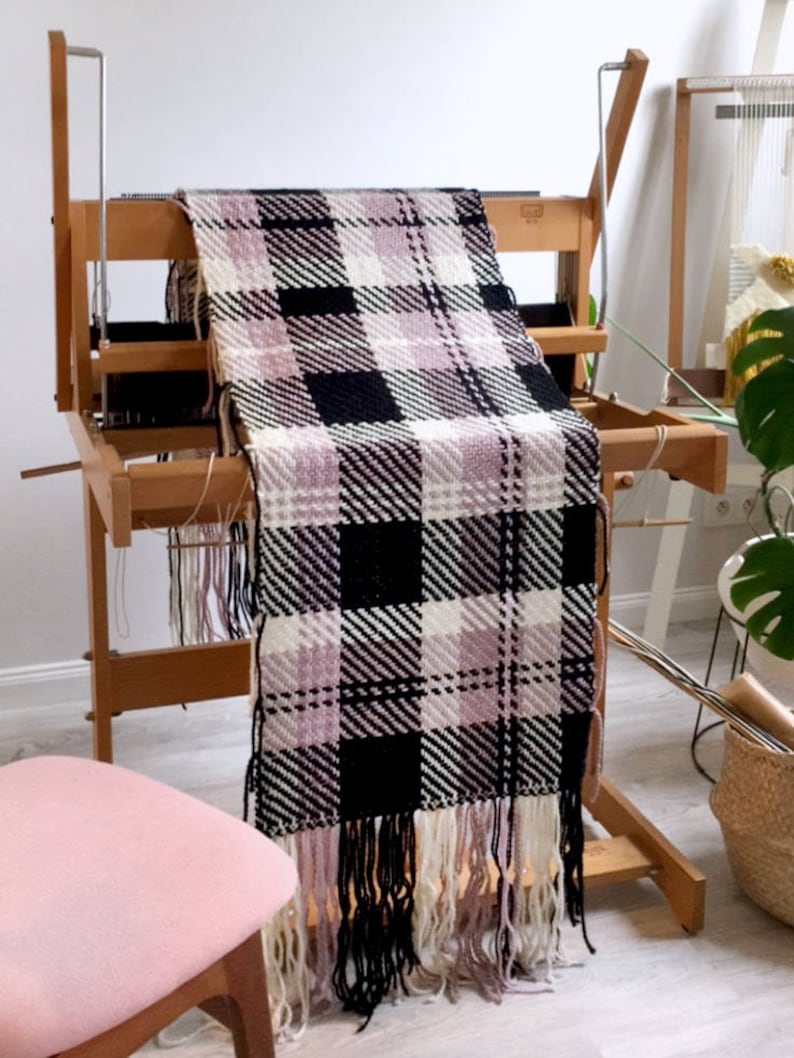 Misty rose, black and ecru checked handwoven scarf, boho style, soft shawl, winter boho wrap, alpaca wool, check, plaid weave image 5