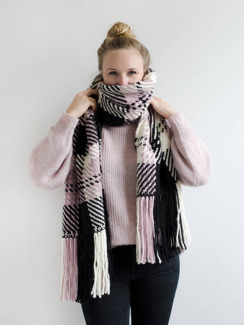 Misty rose, black and ecru checked handwoven scarf, boho style, soft shawl, winter boho wrap, alpaca wool, check, plaid weave image 1