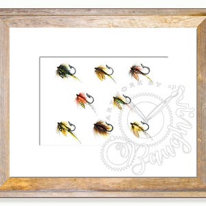 Fly Fishing Lures Handpainted Print 5x7 inch mated to 8x10 Inch, Fishing, Gifts for men, watercolor print, Fishing lure
