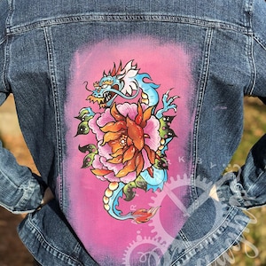 Women’s Hand Painted Dragon and Rose Jean Jacket, Denim Jacket, Custom Painted Jacket, Women’s Jean Jacket