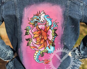 Women’s Hand Painted Dragon and Rose Jean Jacket, Denim Jacket, Custom Painted Jacket, Women’s Jean Jacket