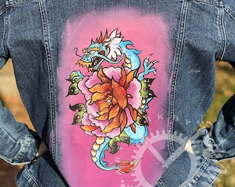 Women’s Hand Painted Dragon and Rose Jean Jacket, Denim Jacket, Custom Painted Jacket, Women’s Jean Jacket