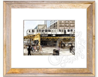 Chicago 5x7 Print in 8x10 mat, Windycity, Subway, Railway, City Print, watercolor