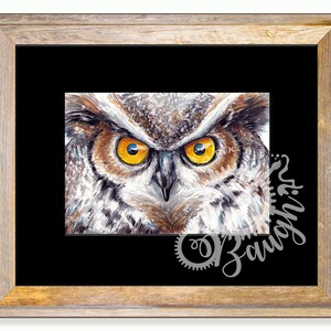 Owl 5x7 Print in 8x10 Mat, owl art, owl painting, owl eyes, wildlife painting