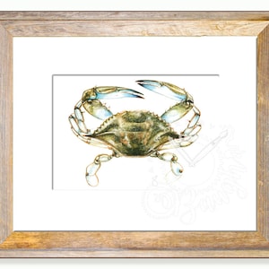 Blue Crab 5x7 Print in 8x10 Mat, kitchen art, seafood, beach print, original artwork