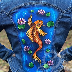 Hand Painted Women’s Jean Jacket, Hand Painted Denim, Women&#39;s Jacket, Original Hand Painted, Hand Painted Artwork, Koi, Goldfish Jean Jacket