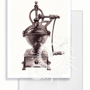 Tarjeta de felicitación vintage del molinillo del café, tarjeta interior en blanco, tarjeta del amante del café, molinillo vintage, tarjeta de saludo personalizada