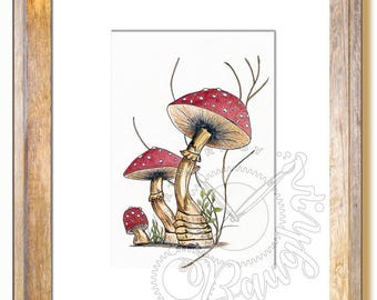 Mushroom Print, Natural History Print, Fairy, Forest Print, Handpainted, Fantasy