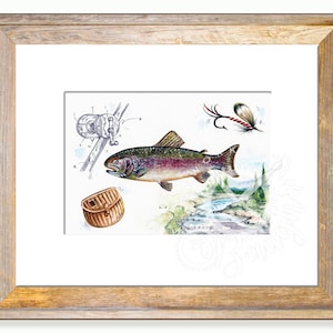 Rainbow Trout Fishing  5x7 Print in 8x10 Mat, For Dad, For Him, Fishing Artwork