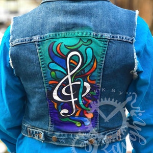 Hand Painted Jean Vest, Music Note, Women’s Jean Jacket, Jean Vest, Painted Jacket,Music Art, Wearable Art, Hand Painted Jean Jacket