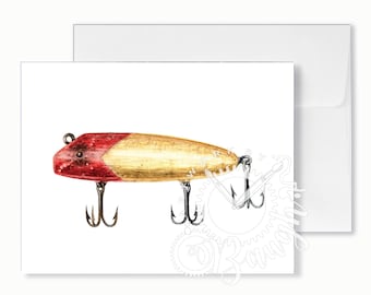 May include: A hand-painted watercolor illustration of a red and gold fishing lure with three hooks.