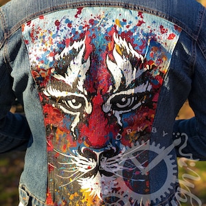 Custom Hand Painted Women’s Jean Jacket, Colorful Tiger, Tiger Jacket, Painted Jean Jacket, Painted Denim Jacket, Wearable Art