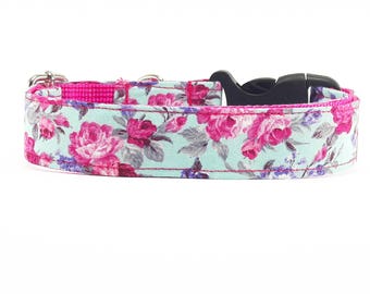 Pink flower on mint, dog collar, dog collar floral, flower, dog collars for girls, dog collars for boys, holiday, summer, spring, pet collar