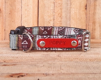 Maroon Orange Woven Dog Collars for girls Hand Stamped Leather Tag Dog Collar Personalized Tribal Aztec Boho Dog Collars for boy