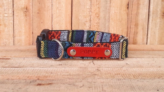 Maroon Orange Woven Dog Collars for girls Hand Stamped Leather Tag Dog Collar Personalized Tribal Aztec Boho Dog Collars for boy