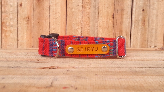 Maroon Orange Woven Dog Collars for girls Hand Stamped Leather Tag Dog Collar Personalized Tribal Aztec Boho Dog Collars for boy