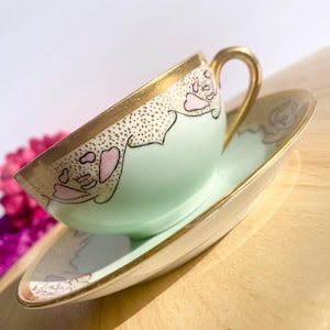 Vintage Teacup Japan Pink Green Gold Trim Waves Handpainted Lusterware Saucer Gorgeous Delicate Signed M Armstrong Tea Cup Coffee Drinking